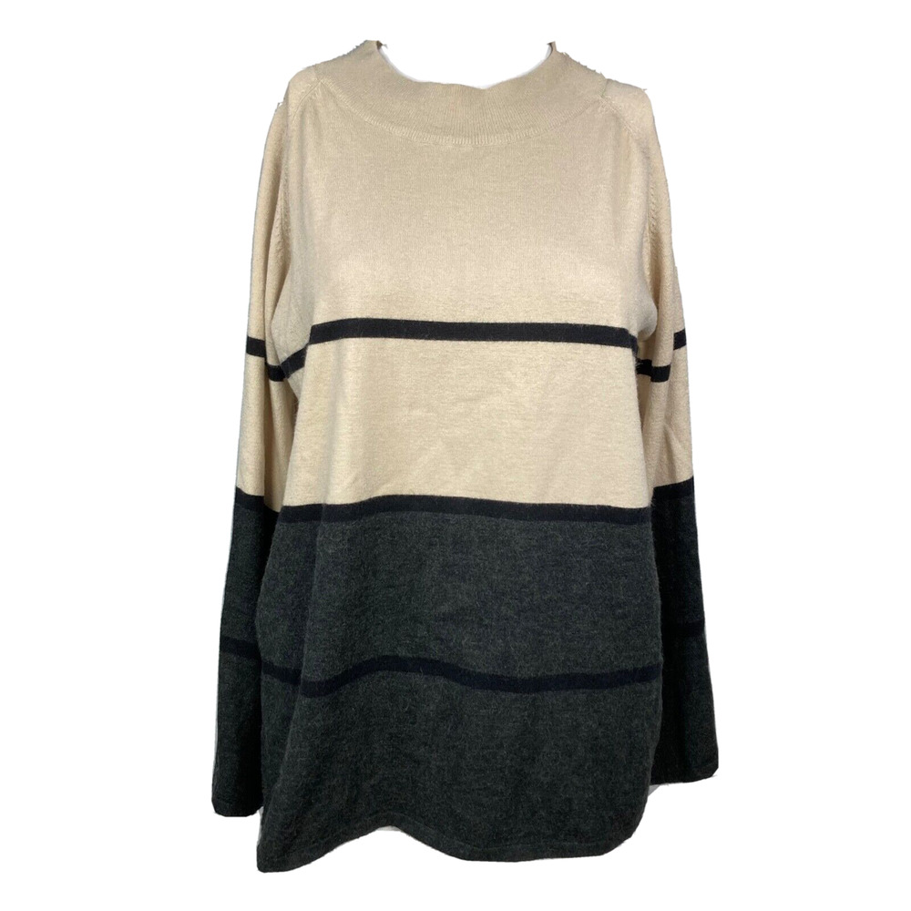 THML Sweater Womens Sz XS Beige with‎ Gray Border Black Stripes Long Sleeve